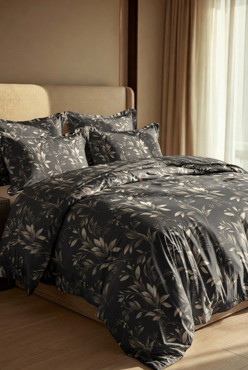Bistarlo Shadow Botanica charcoal leaf print king size bedsheet set close up