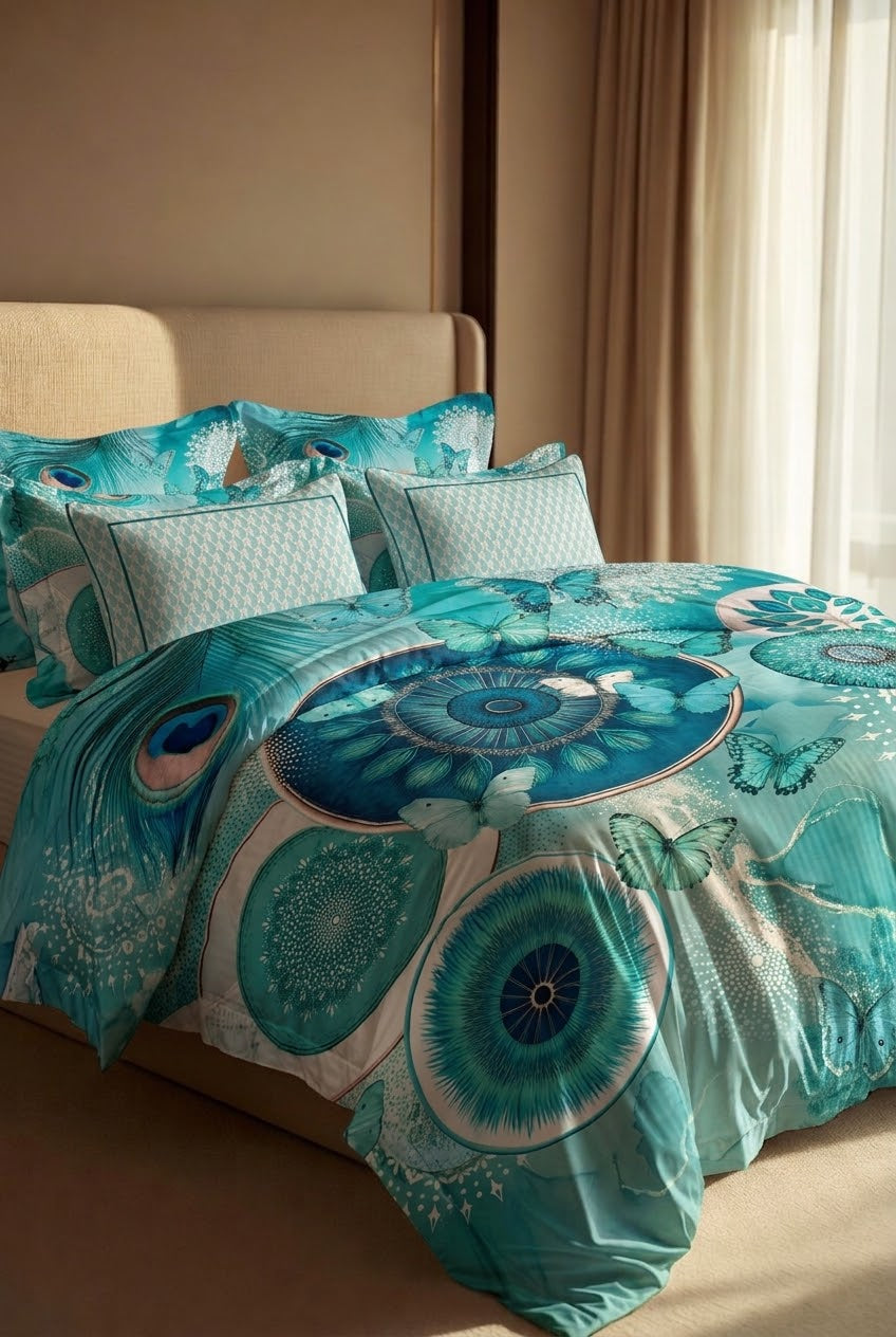 Bistarlo Peacock Mirage teal peacock butterfly print king size bedsheet set close up