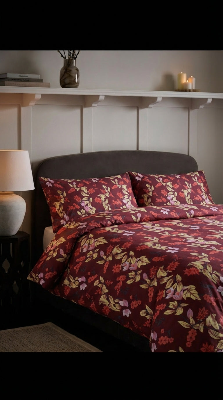 Bed with red floral bedding in a bedroom setting.
