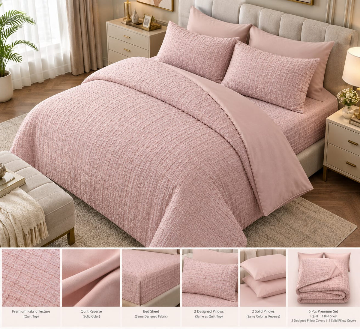 Blush Waffle Premium Set waffle texture, solid reverse and pillow covers close-up