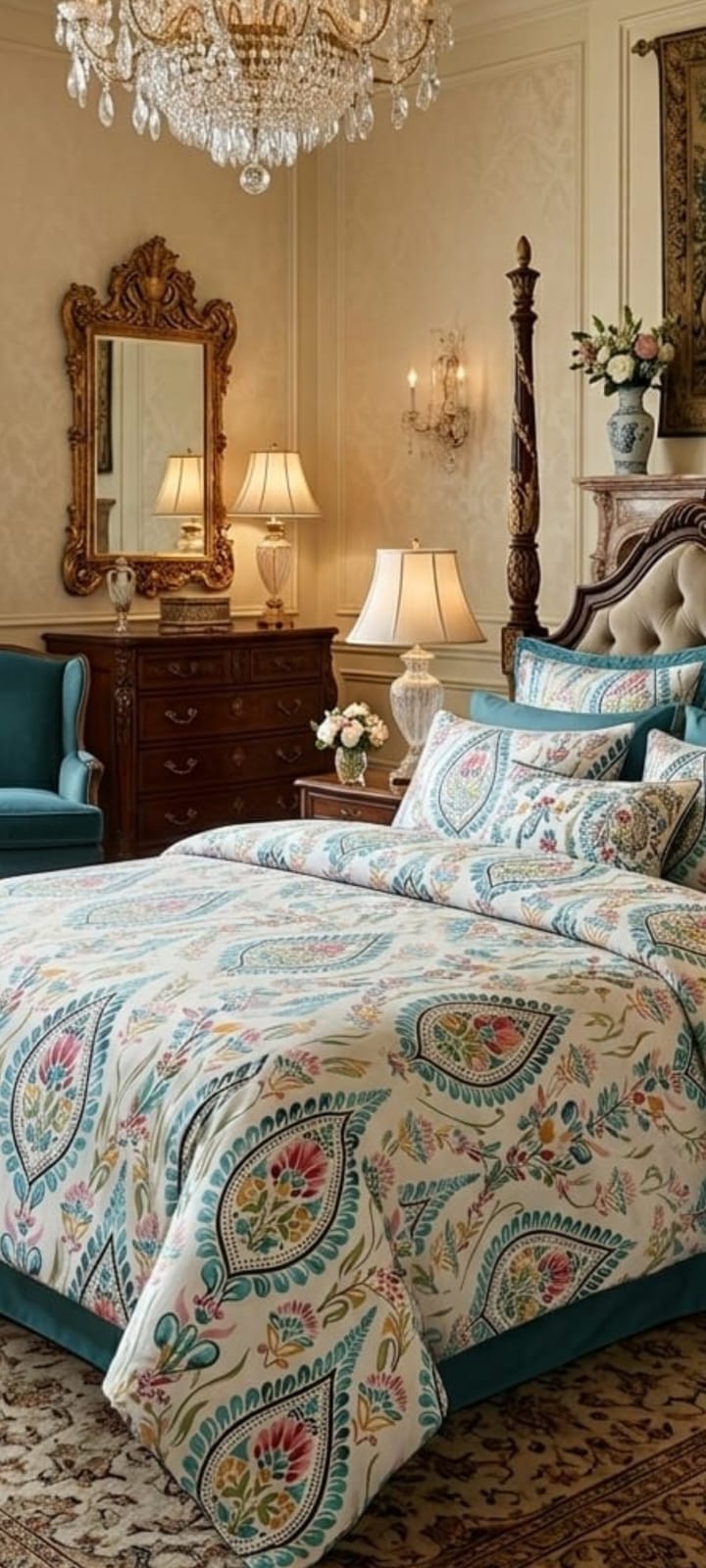 A beautifully styled bedroom featuring a bed dressed in a detailed paisley and floral patterned quilt and matching shams. The room is decorated with a dark wood four-poster, a gold-framed mirror, a crystal chandelier, and warm bedside lamps.