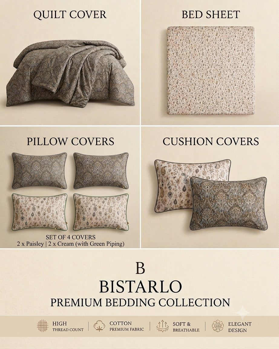 A product collage for the Bistarlo Premium Collection bedding set, showing quilt cover, bed sheet, pillow covers, and cushion covers on a warm beige background with text labels and feature icons.