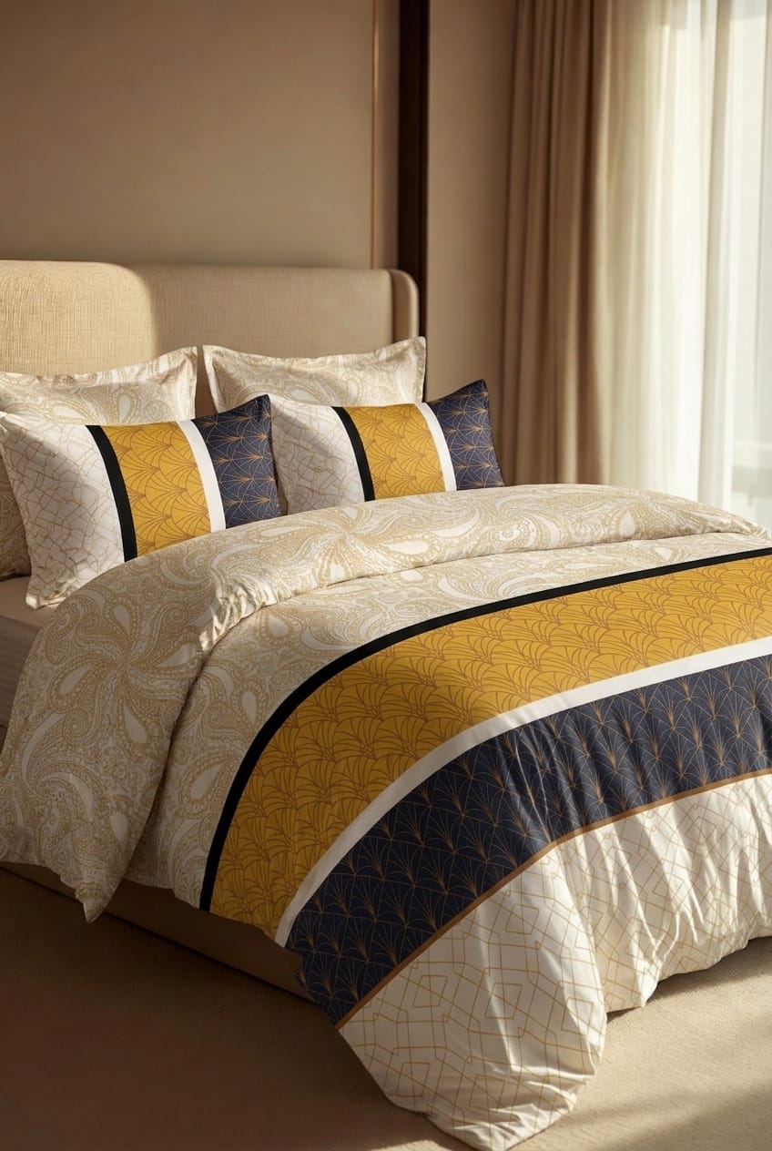 A styled bed dressed in a cream and gold patterned duvet cover with a wide gold and navy blue striped runner, matching striped pillow shams, and solid navy pillows, set in a warm-toned bedroom.