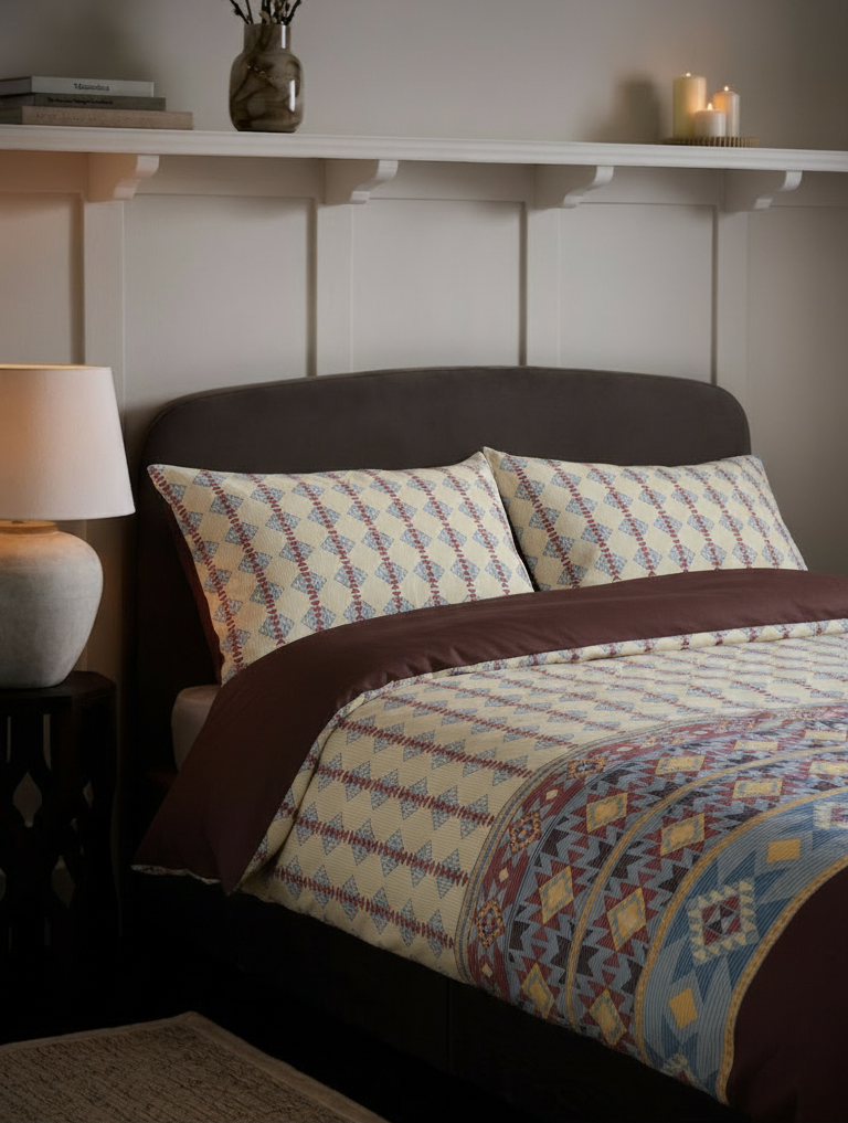 Bedroom with a bed featuring a patterned comforter, pillows, and a nightstand with a lamp.