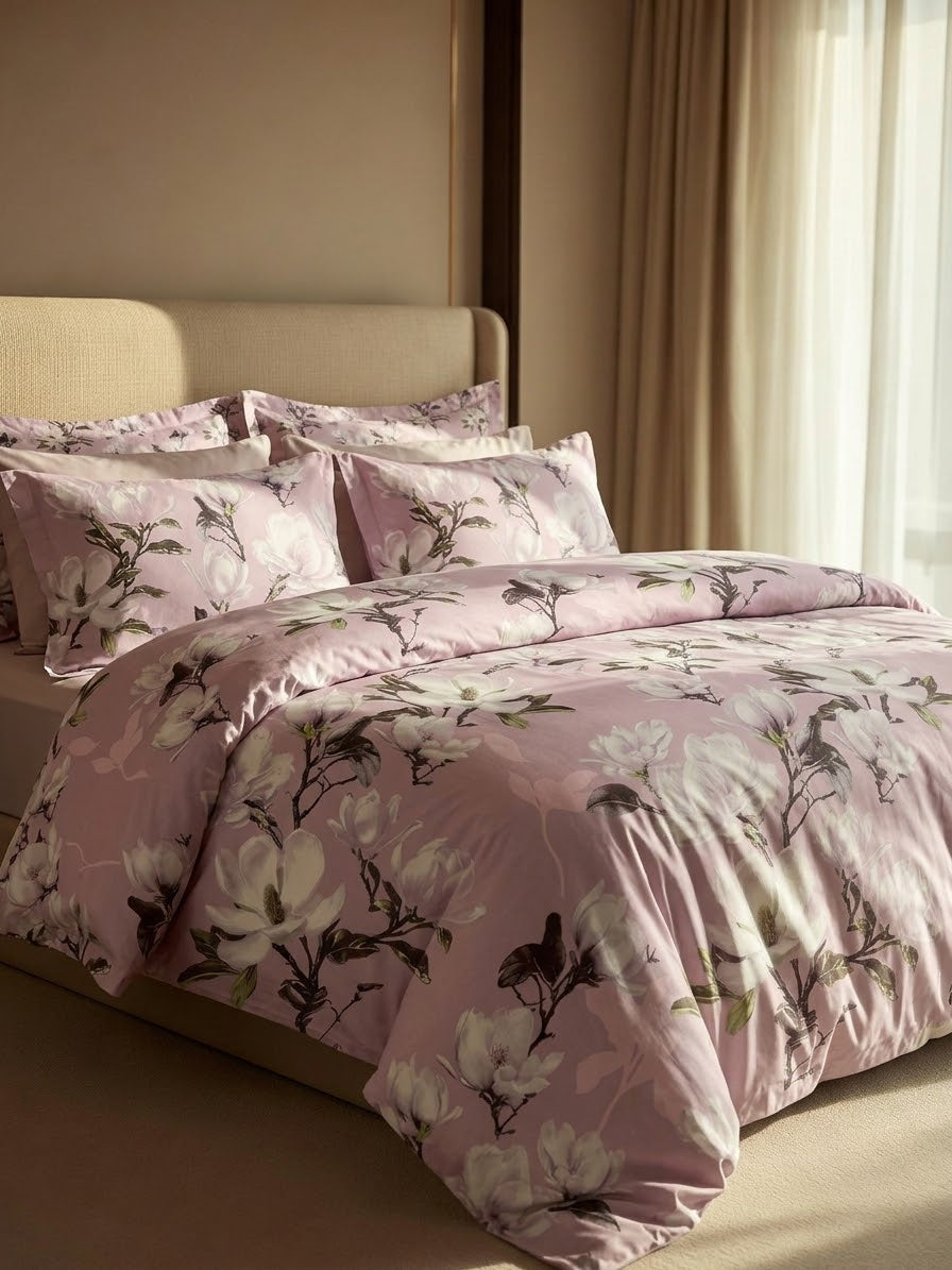 Bistarlo Magnolia Blush pink floral magnolia print king size bedsheet set close up