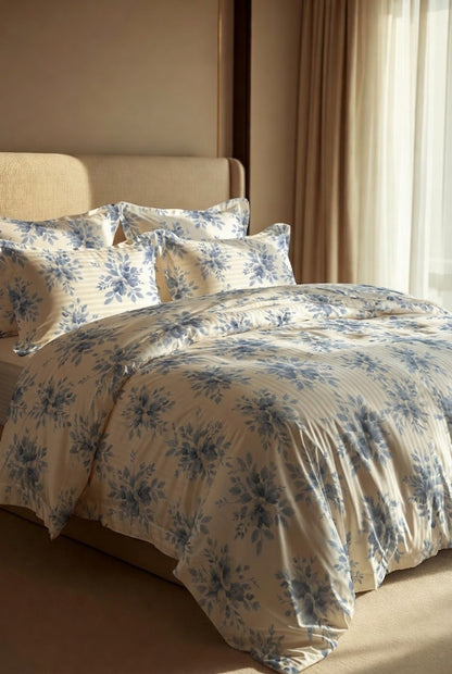 Bistarlo Indigo Watercolor Bloom dusty blue watercolor floral print king size bedsheet set close up