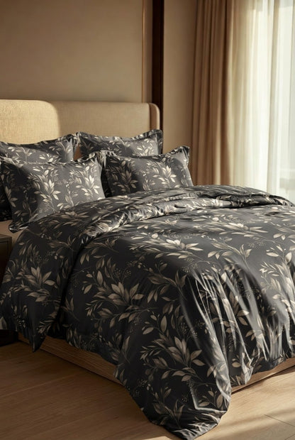 Bistarlo Shadow Botanica charcoal leaf print king size bedsheet set close up