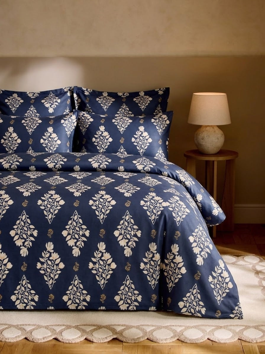 Bistarlo Jaipur Nightbloom navy and gold block print king size bedsheet set