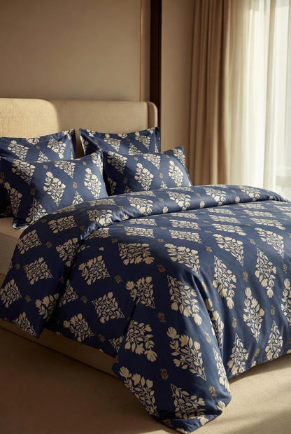 Bistarlo Jaipur Nightbloom navy and gold block print king size bedsheet set close up