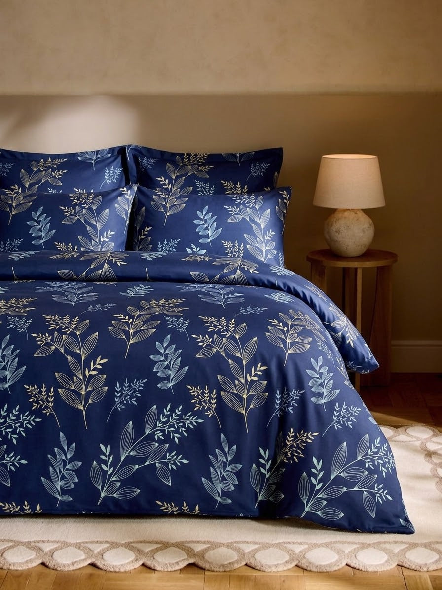 Bistarlo Moonlit Fern Trail navy botanical leaf print king size bedsheet set