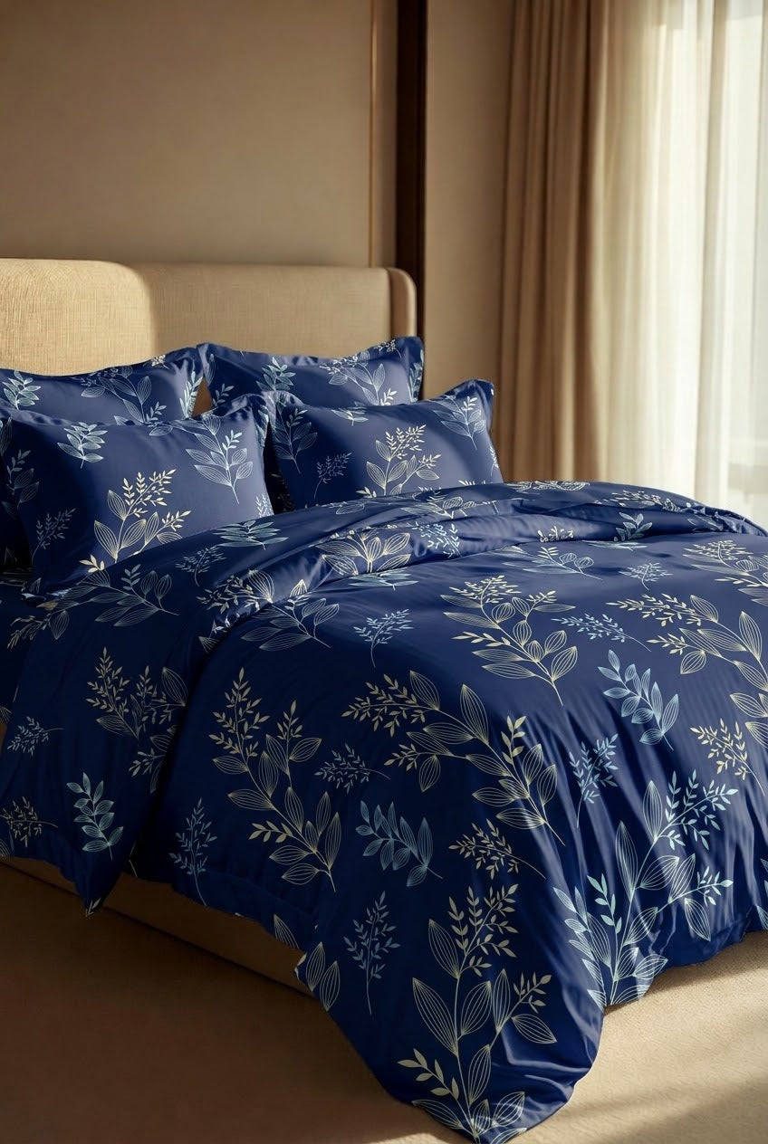 Bistarlo Moonlit Fern Trail navy botanical leaf print king size bedsheet set close up