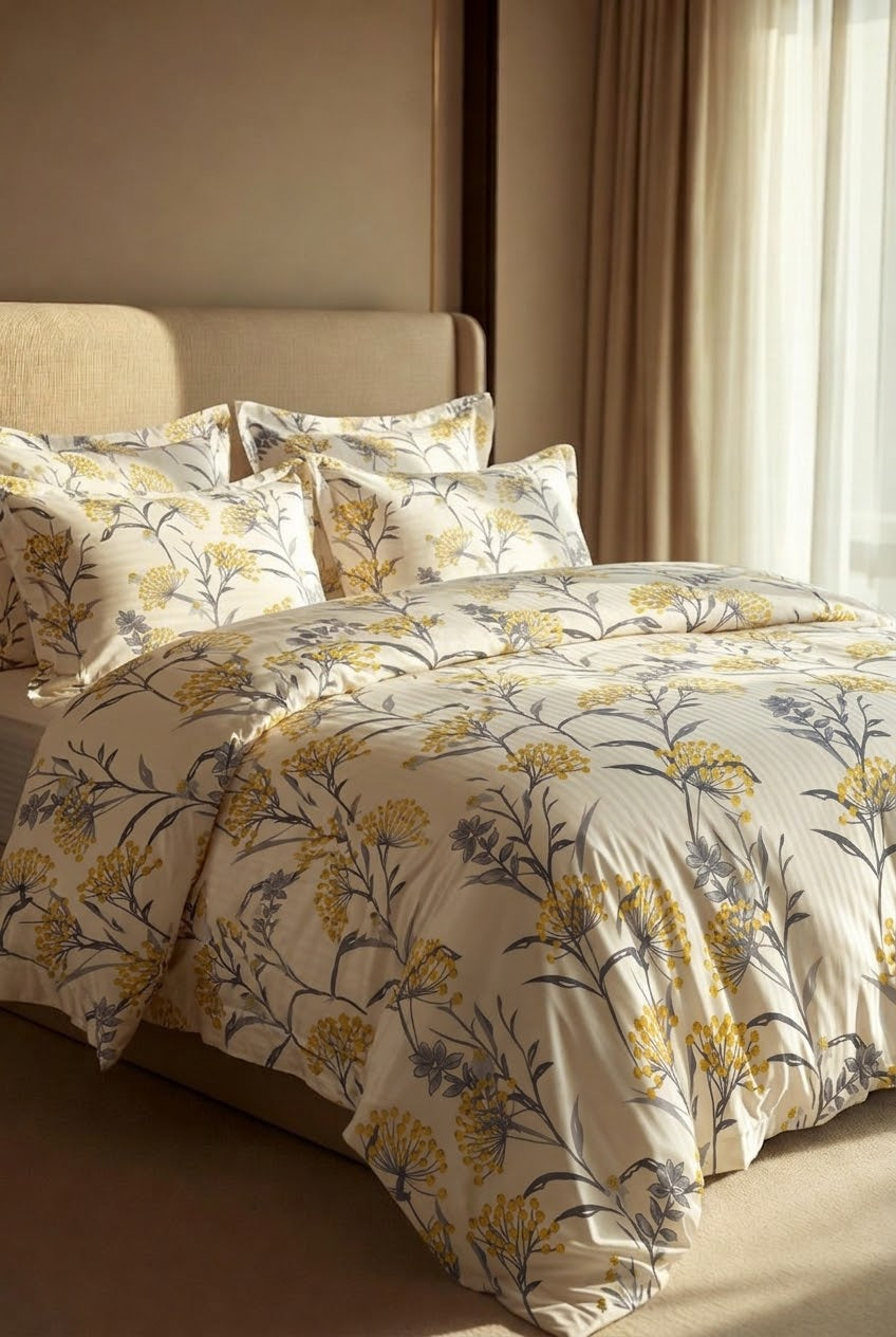 Bistarlo Golden Meadow yellow wildflower print king size bedsheet set close up