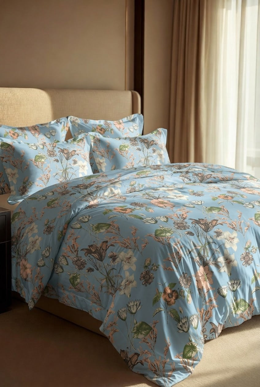 Bistarlo Botanica Sky powder blue wildflower and butterfly print king size bedsheet set close up