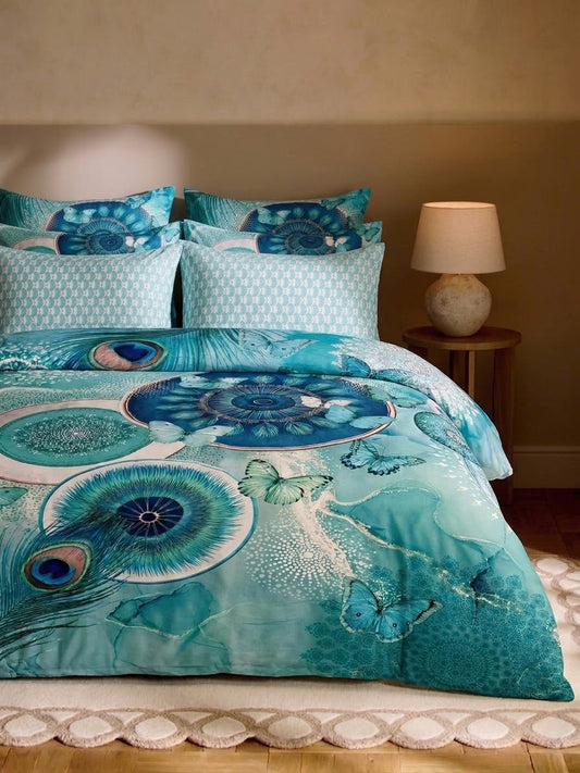 Bistarlo Peacock Mirage teal peacock butterfly print king size bedsheet set