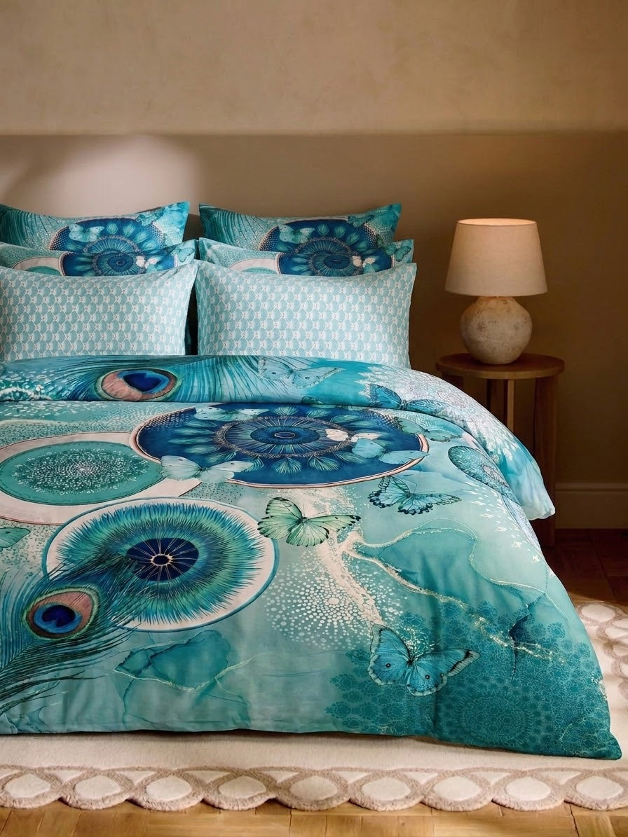 Bistarlo Peacock Mirage teal peacock butterfly print king size bedsheet set