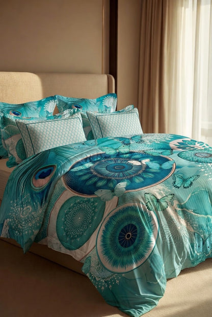 Bistarlo Peacock Mirage teal peacock butterfly print king size bedsheet set close up