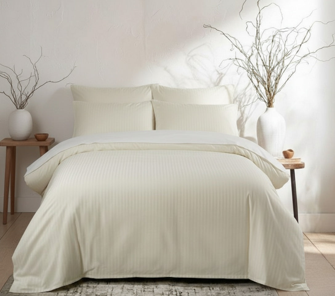 Bistarlo Signature Solid Pristine Ivory off-white bedsheet in T-300 Cotton Satin weave, 110x100 King Size luxury bedding set.