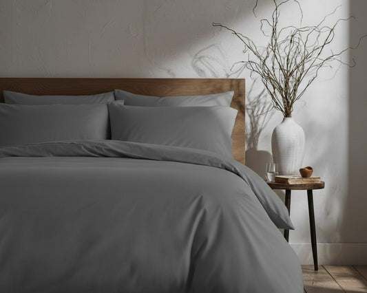 Bistarlo Signature Solid Charcoal Mist dark grey bedsheet in T-300 Cotton Satin weave, 100x90 King Size bedding set.