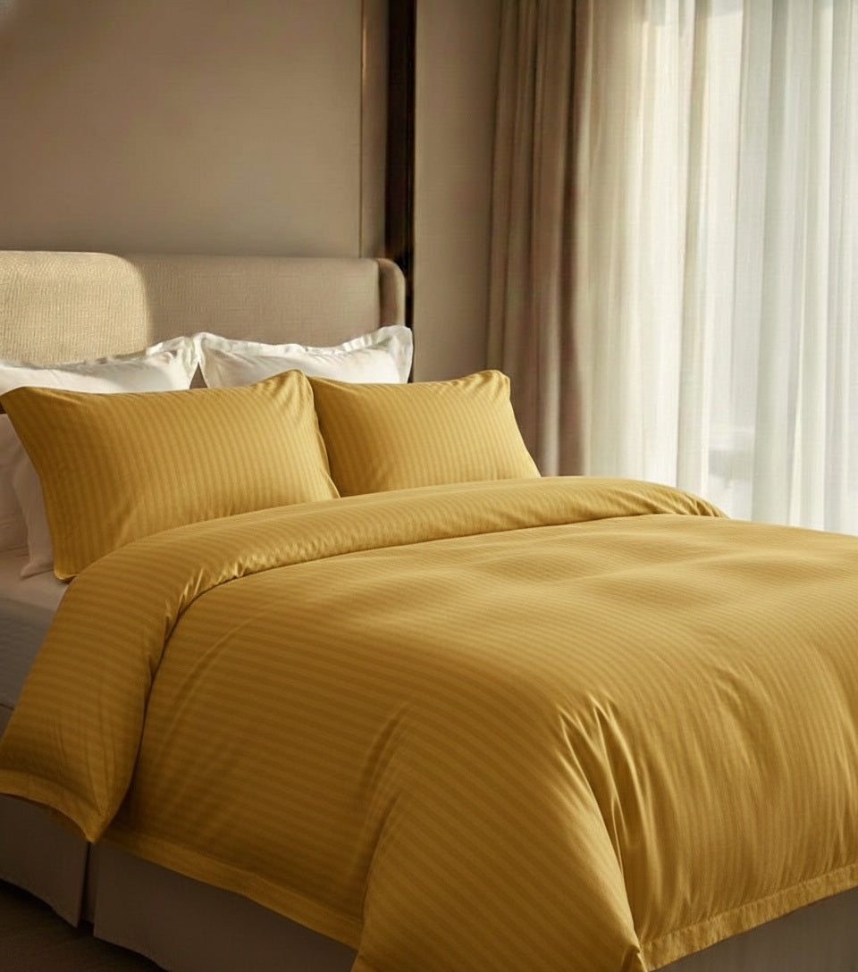 Bistarlo Signature Solid Autumn Amber mustard yellow bedsheet in T-300 Cotton Satin weave, 120x100 Grand King Size bedding set.
