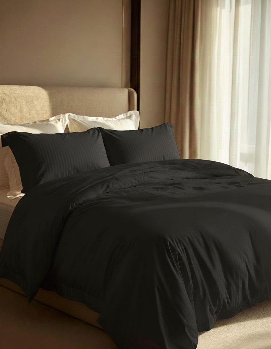 Bistarlo Signature Solid Obsidian Black bedsheet in T-300 Cotton Percale weave, 110x100 King Size matte finish bedding set.