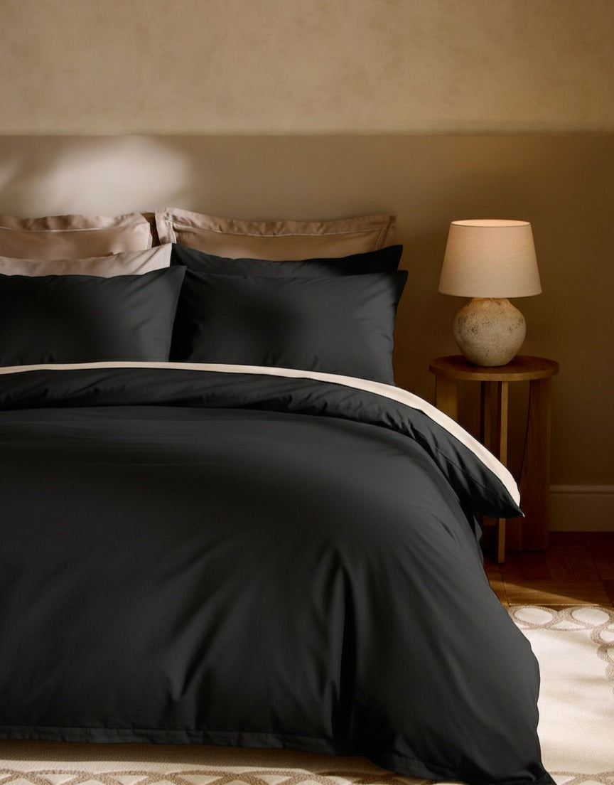 Bistarlo Signature Solid Obsidian Black bedsheet in T-300 Cotton Percale weave, 110x100 King Size matte finish bedding set.