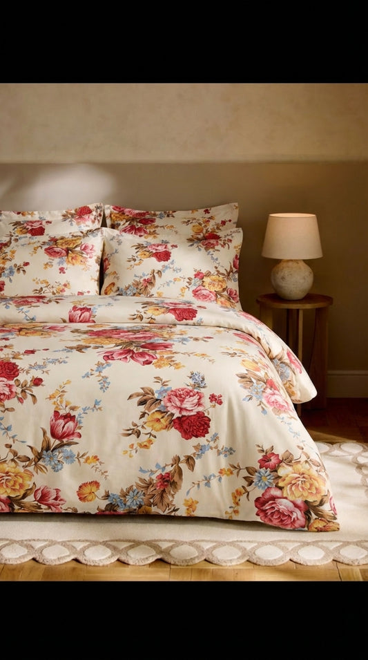 Floral bedding set on a bed with a lamp in the background