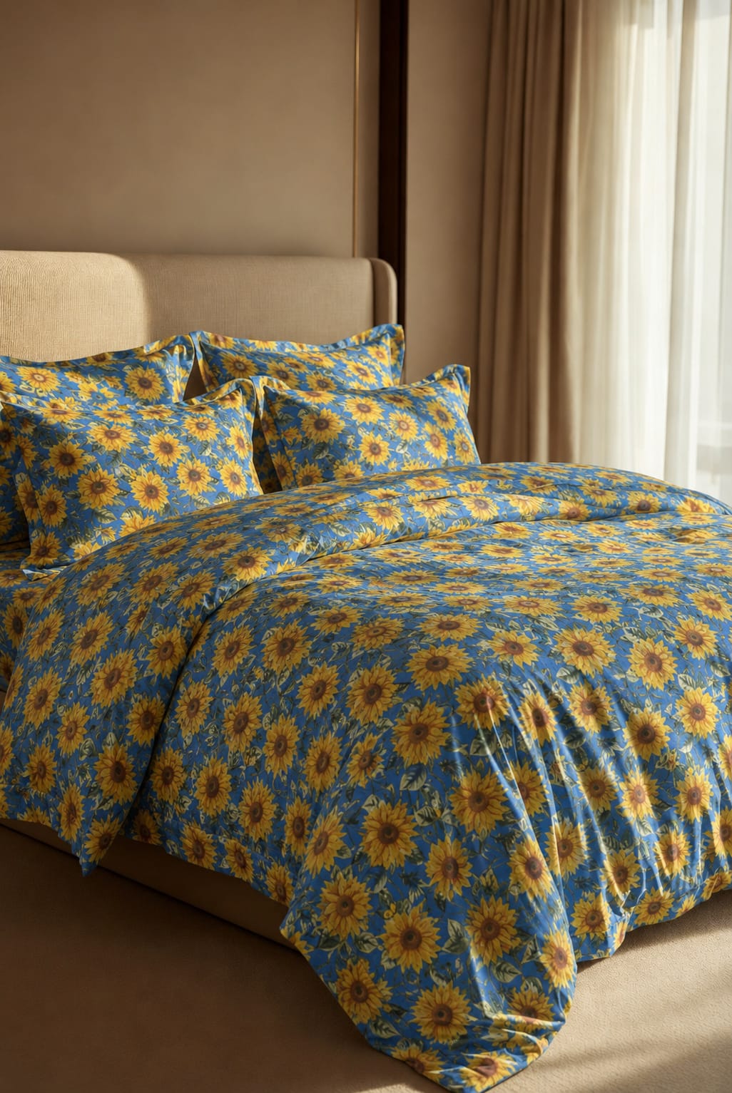 Sunflower patterned bedding set on a bed with a neutral headboard and curtains.