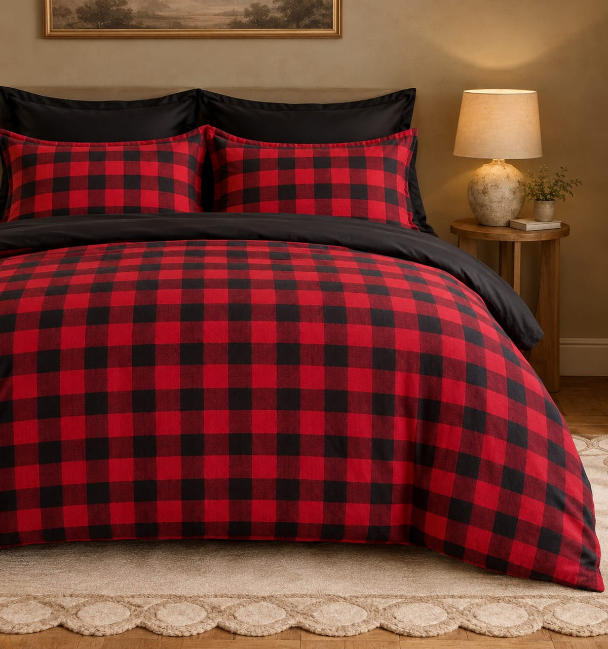 Crimson Highland Check buffalo plaid bedding close-up with black pillow shams