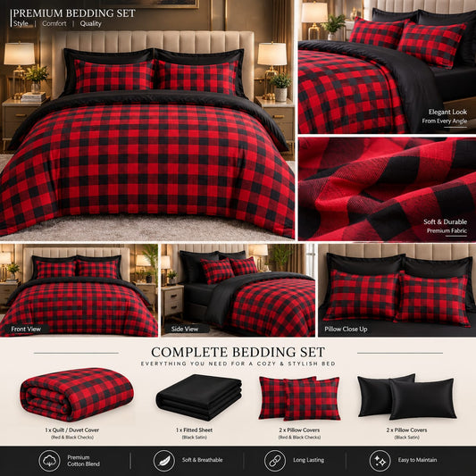 Crimson Highland Check red and black buffalo check flannel duvet set on a bed