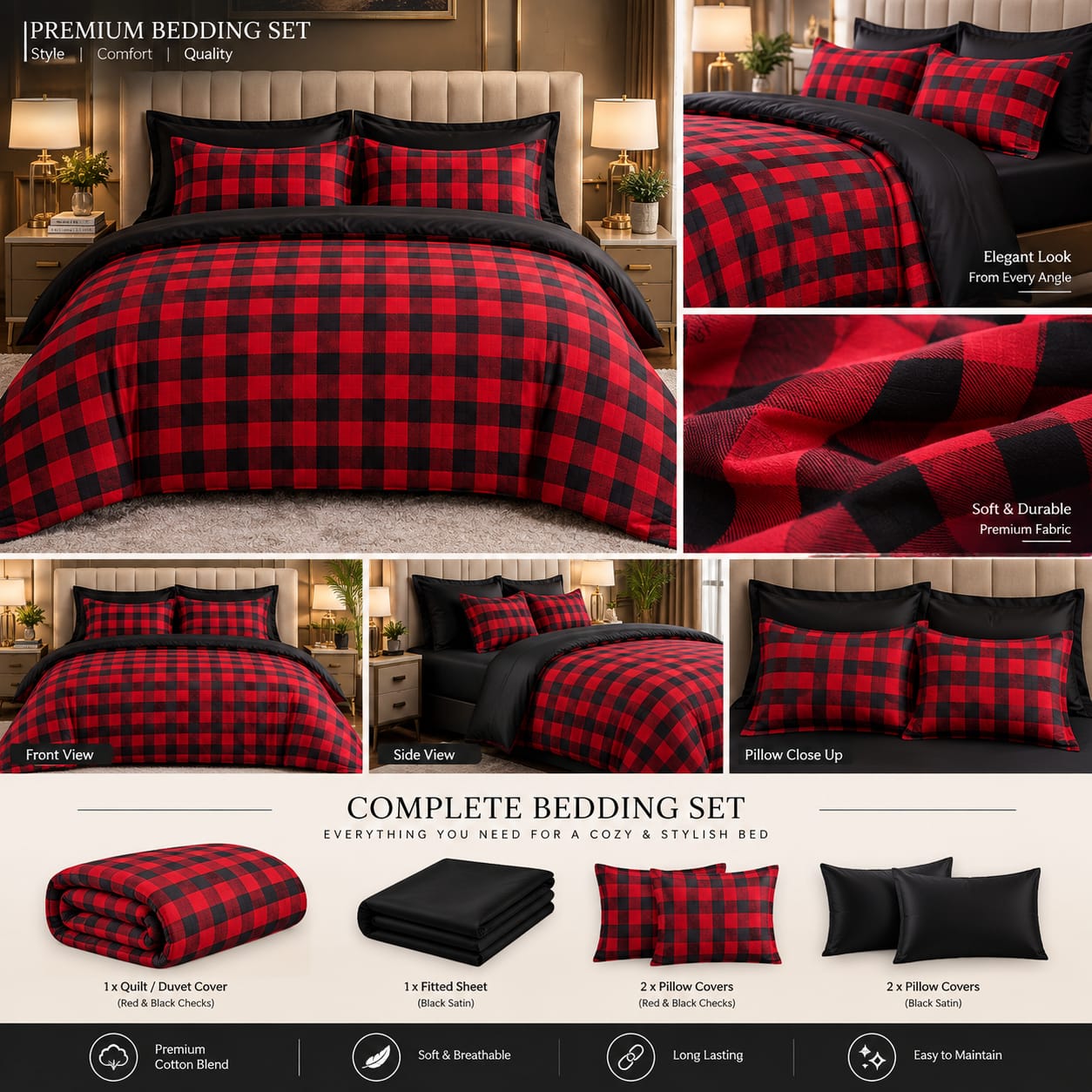 Crimson Highland Check red and black buffalo check flannel duvet set on a bed