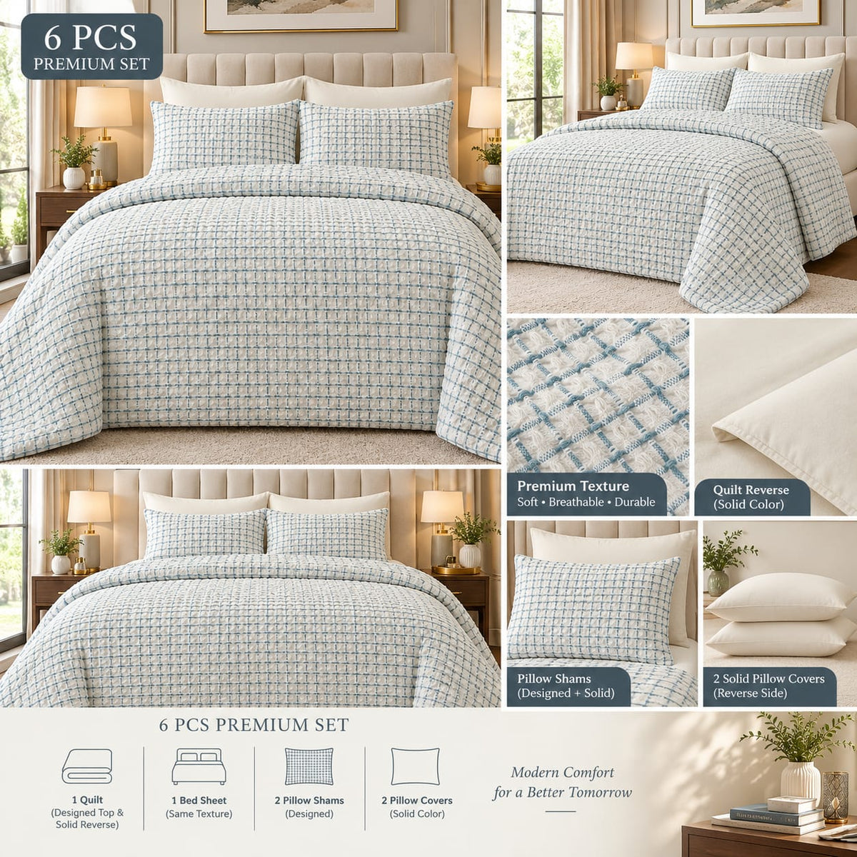 Azure Check Premium Set – 6-piece king size blue check waffle bedding set by Bistarlo