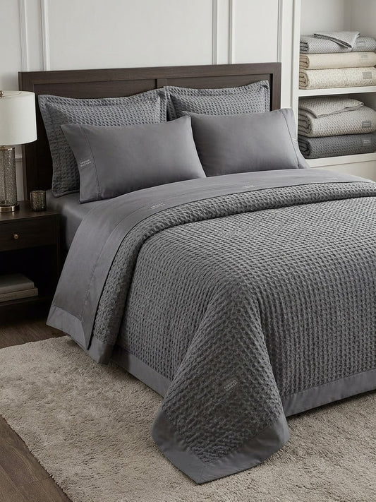 Charcoal Waffle Premium Set – 6-piece king size grey waffle bedding set by Bistarlo