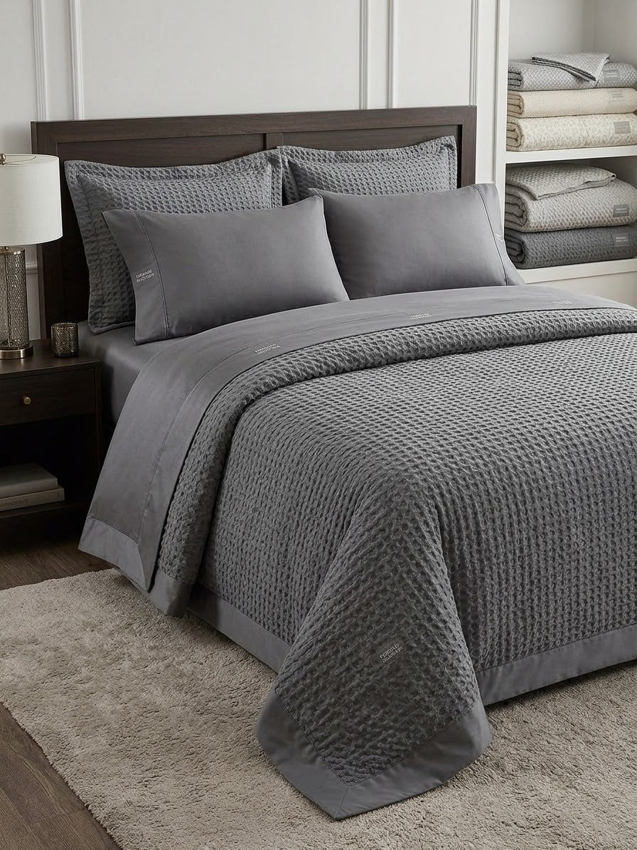 Charcoal Waffle Premium Set – 6-piece king size grey waffle bedding set by Bistarlo