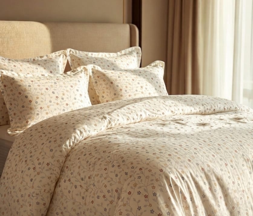 A neatly made bed with a cream-colored duvet cover and matching pillowcases featuring a delicate, small-scale floral pattern in muted red, blue, and green tones. The bed is styled in a warm, softly lit bedroom with a beige upholstered headboard and neutral curtains.