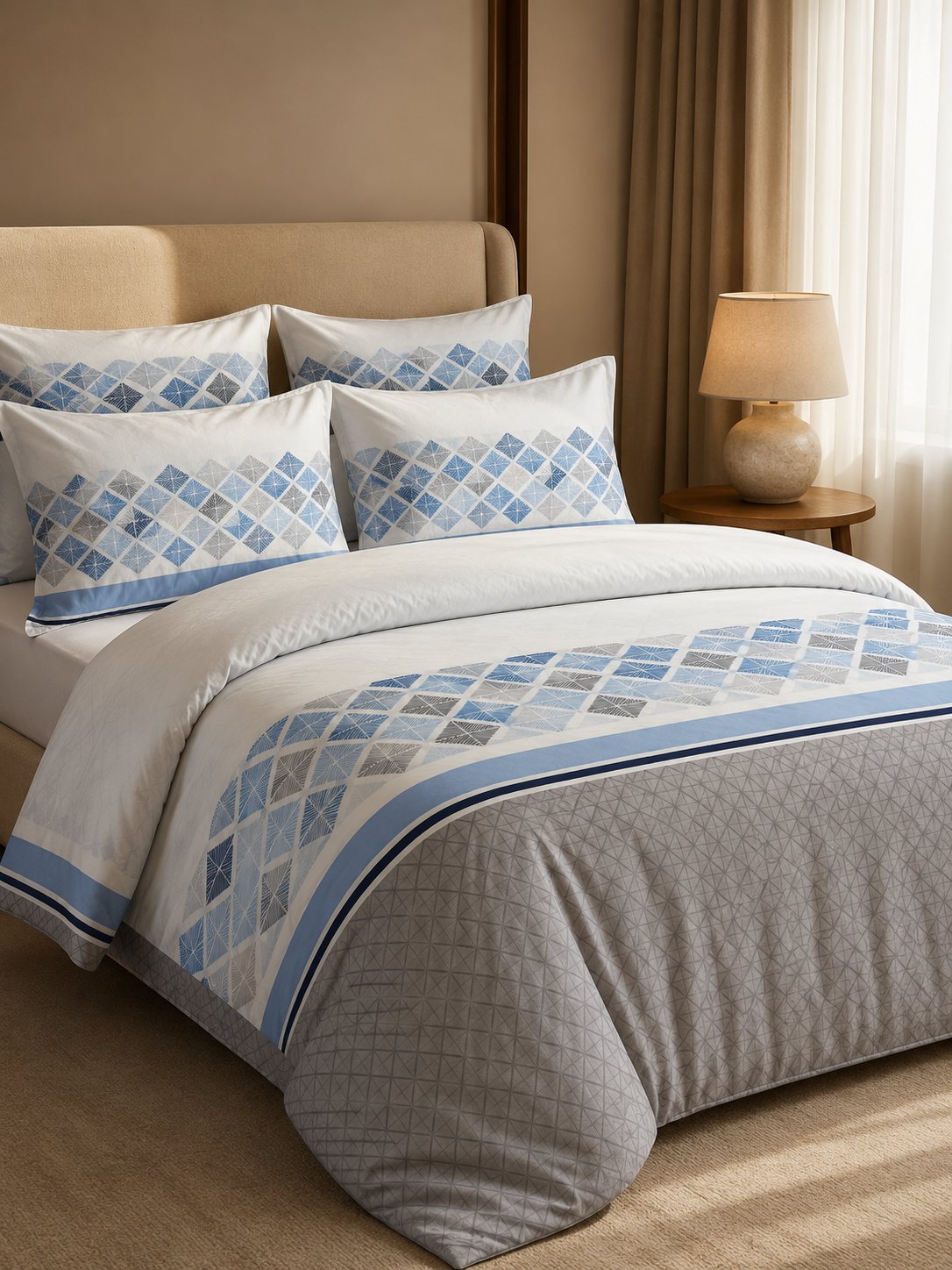 A neatly made bed in a bedroom setting, featuring a white duvet cover and matching pillow shams with a blue geometric diamond pattern, a gray quilted comforter, and a decorative blue border. A beige headboard, a bedside table with a lit lamp, and beige curtains are visible in the background.