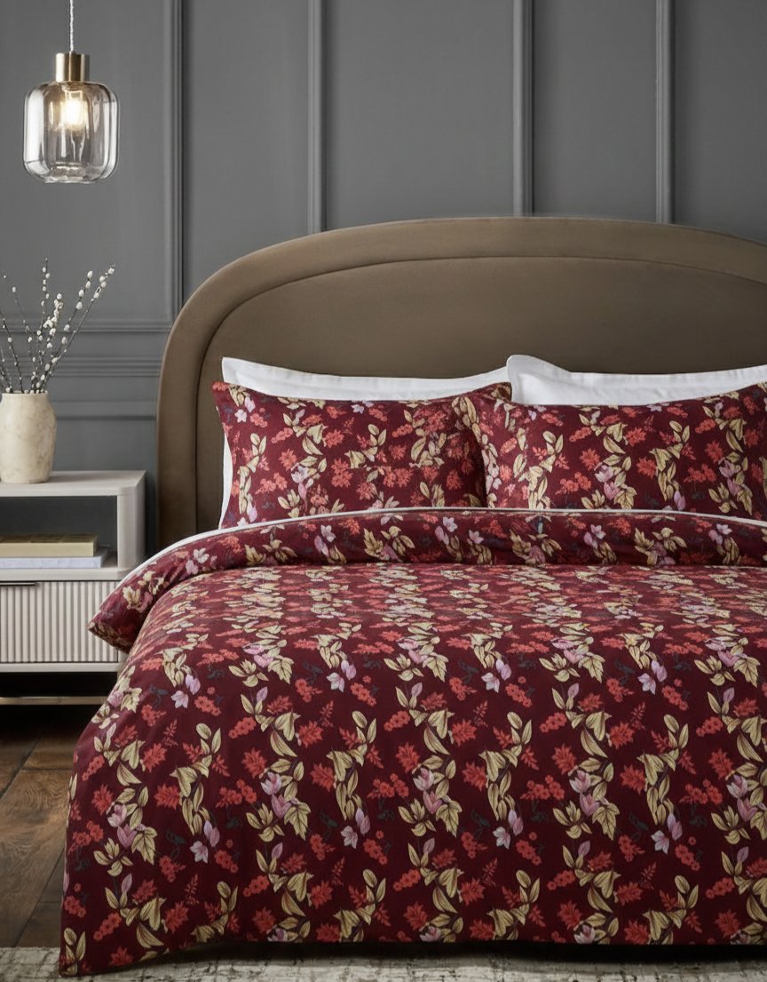 Bed with floral patterned bedding in a room with gray walls and a nightstand.