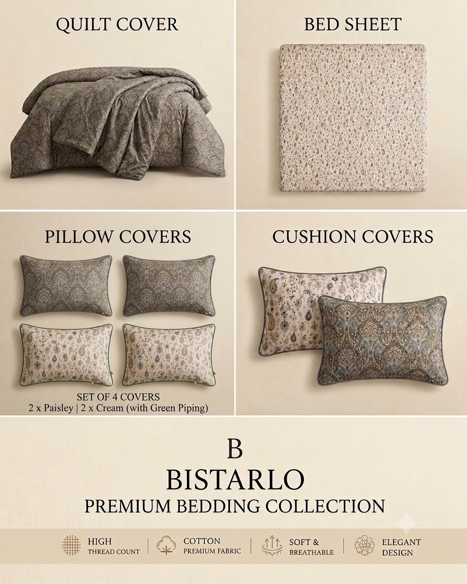 A product collage for the Bistarlo Premium Collection bedding set, showing quilt cover, bed sheet, pillow covers, and cushion covers on a warm beige background with text labels and feature icons.