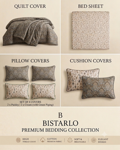 A product collage for the Bistarlo Premium Collection bedding set, showing quilt cover, bed sheet, pillow covers, and cushion covers on a warm beige background with text labels and feature icons.