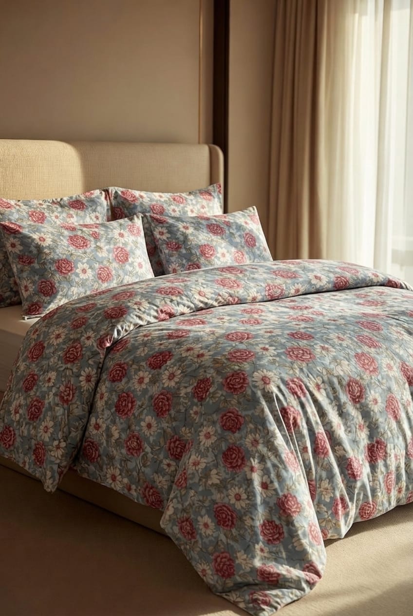 Floral patterned bedding set on a bed in a well-lit room.