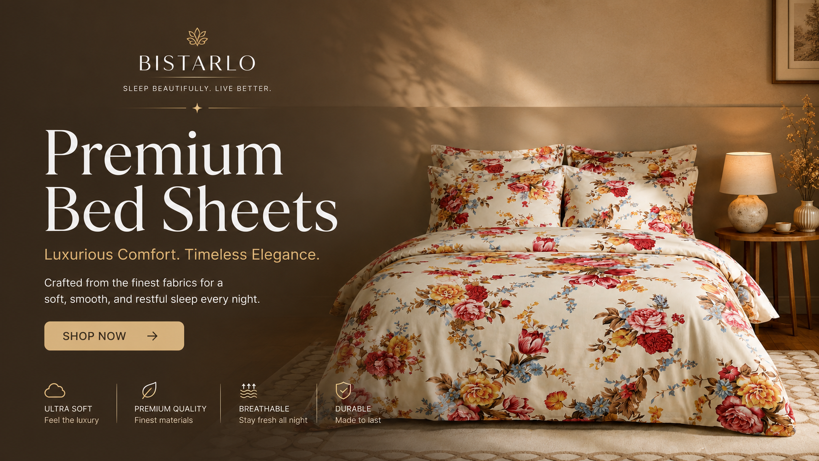 Floral bed sheets on a bed with Bistarelo branding and product features.