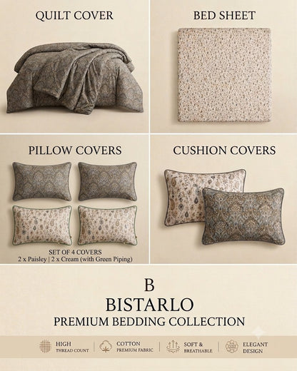A product collage for the Bistarlo Premium Collection bedding set, showing quilt cover, bed sheet, pillow covers, and cushion covers on a warm beige background with text labels and feature icons.