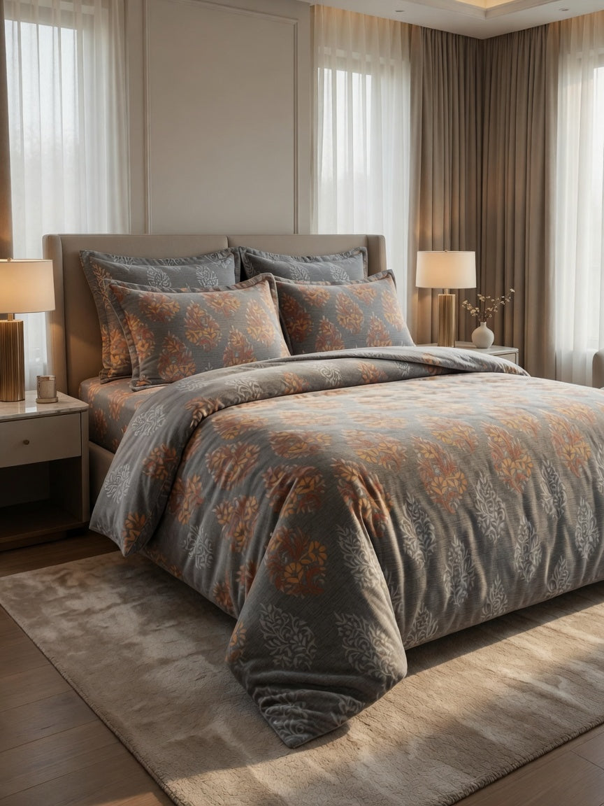 Bedroom with floral patterned bedding and matching pillows
