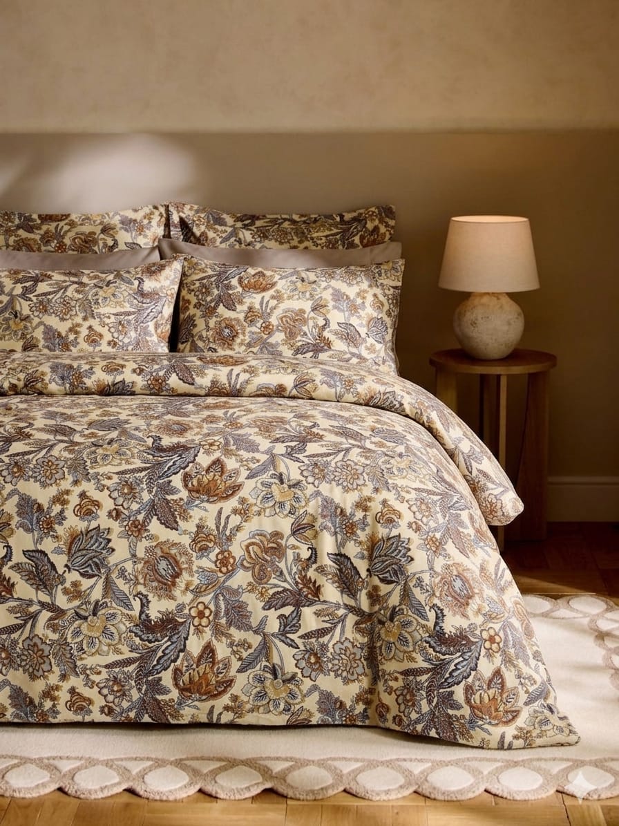 Floral patterned bedding set on a bed with a lamp in the background.