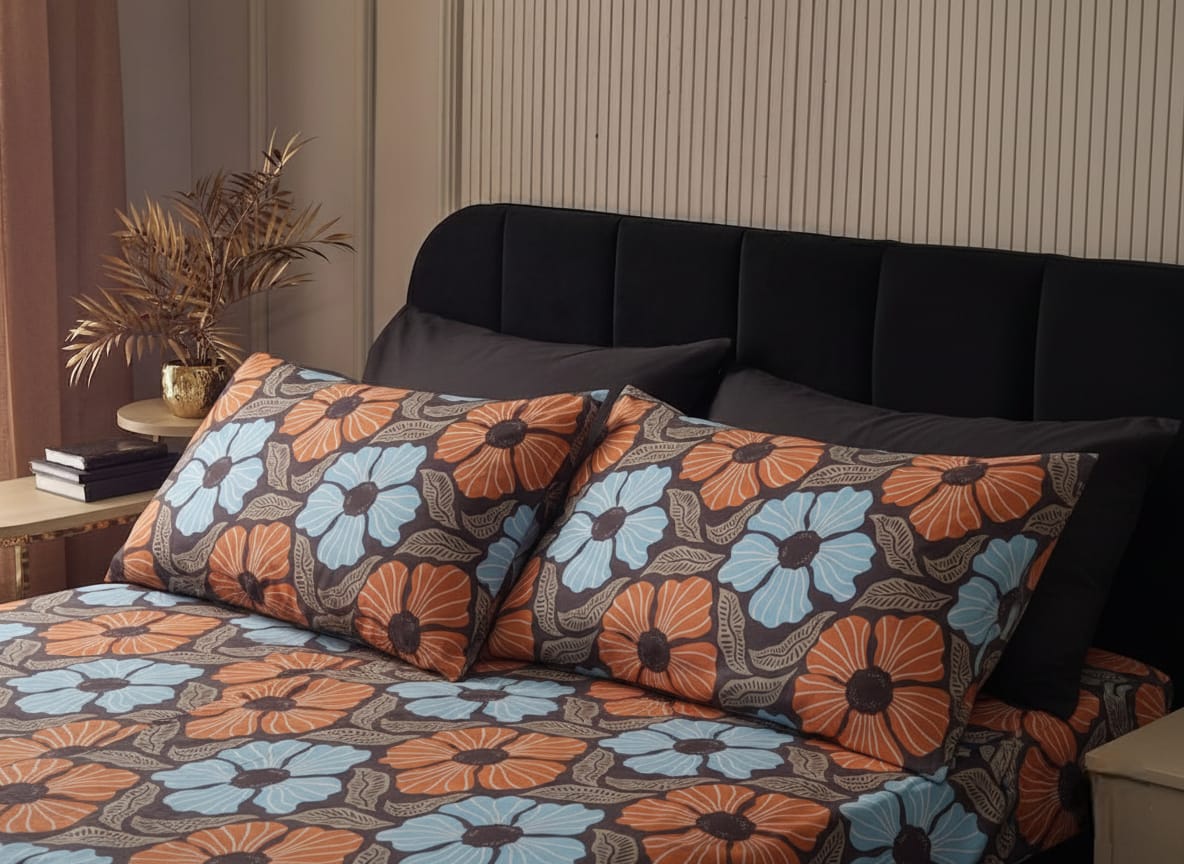 Floral patterned bedding set on a bed with a striped wall in the background