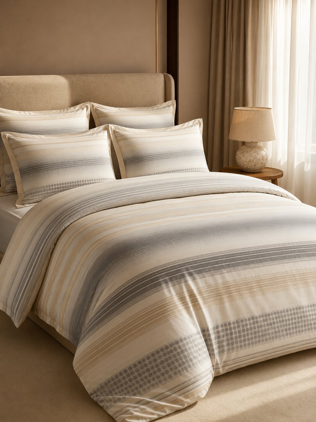 A neatly made bed in a warm-toned bedroom, dressed with a striped duvet cover and matching pillow shams in beige, cream, and gray tones. A bedside lamp sits on a wooden nightstand beside sheer curtains and a beige upholstered headboard.