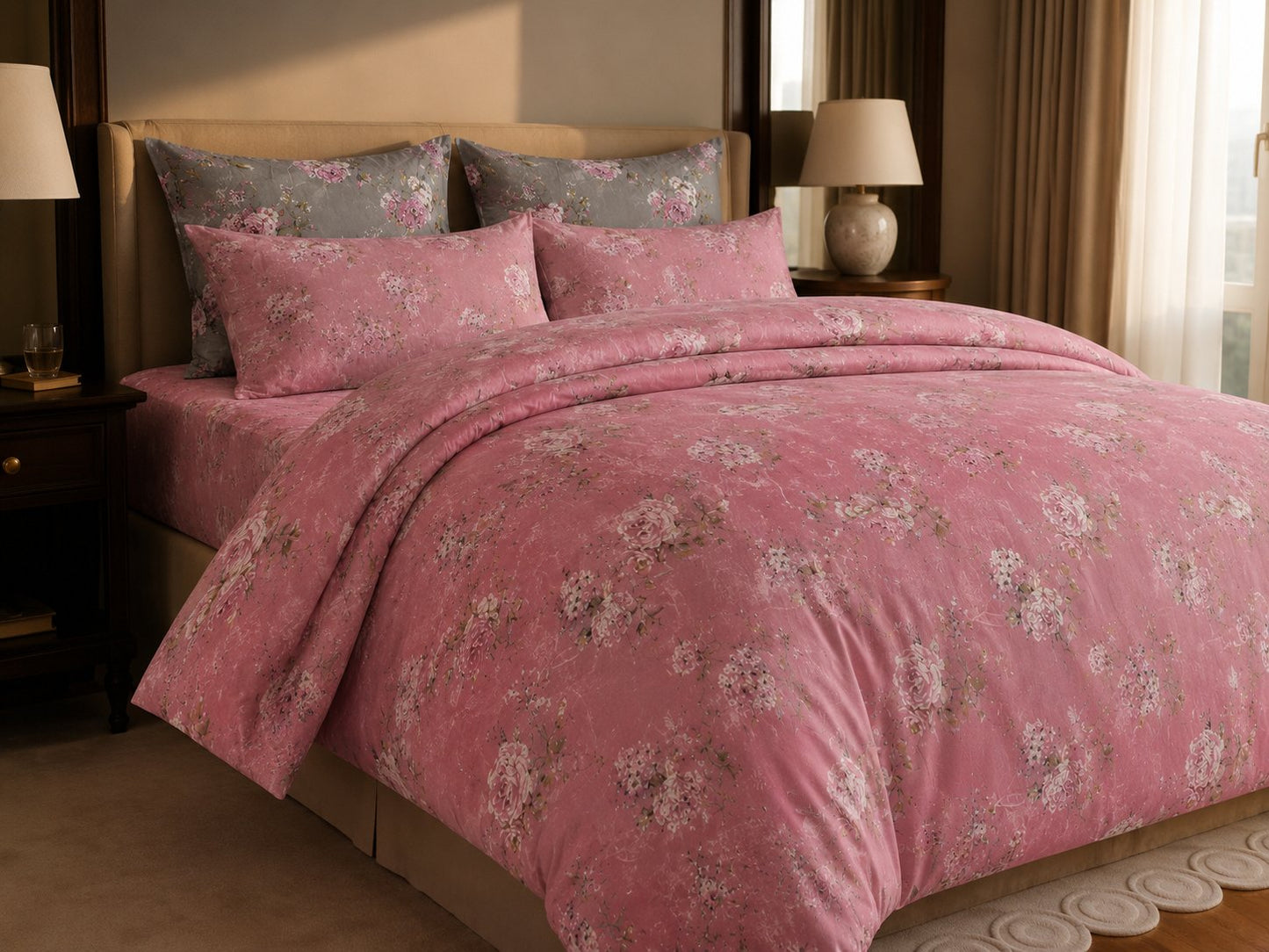 A bed dressed in a pink floral duvet cover and matching pillow shams, styled in a warm bedroom setting with bedside tables, lamps, and curtains.