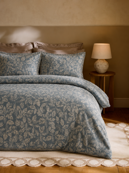 A bed dressed in a blue and beige botanical patterned duvet cover and matching pillow shams, styled in a warm-toned bedroom with a wooden nightstand and lamp.
