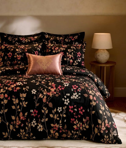 Bistarlo Midnight Blossom Vine black with rose and gold leaf print king size cotton bedsheet set