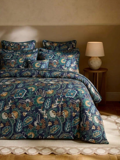 Bistarlo Indigo Jacobean Bloom navy and teal jacobean print king size cotton bedsheet set