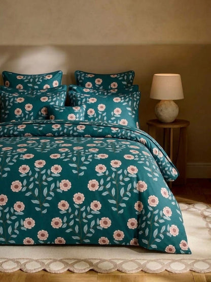 Bistarlo Teal Blush Meadow teal and blush floral king size cotton bedsheet set